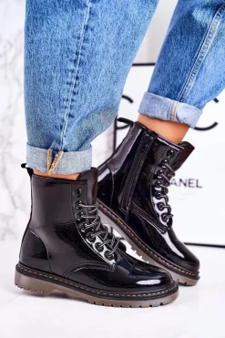 Damskie Boto Damskie Ocieplane Trapery Glany Lakierowane Czarne Thunder