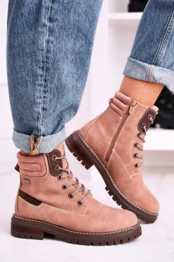 Boto Botki Sznurowane|Czarne Botki*Damskie Ocieplane Workery Trapery Różowe Timber