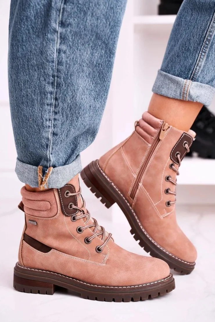 Boto Botki Sznurowane|Czarne Botki*Damskie Ocieplane Workery Trapery Różowe Timber