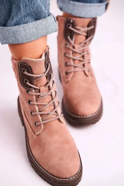 Boto Botki Sznurowane|Czarne Botki*Damskie Ocieplane Workery Trapery Różowe Timber