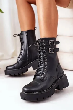 Big Star Shoes Damskie Trapery|Botki Sznurowane*Damskie Ocieplane Workery Big Star II274113 Czarne