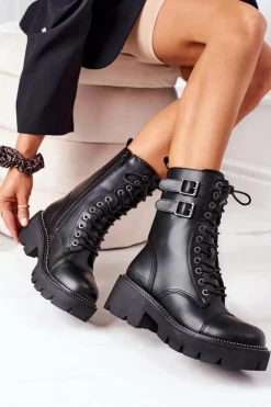 Big Star Shoes Damskie Trapery|Botki Sznurowane*Damskie Ocieplane Workery Big Star II274113 Czarne