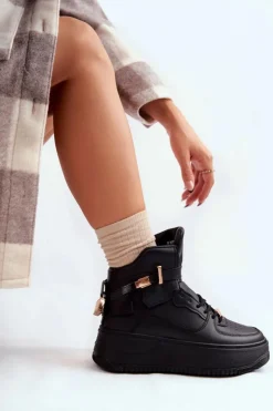 Boto Sneakersy Damskie*Damskie Ocieplane Wysokie Buty Sportowe Czarne Lexa