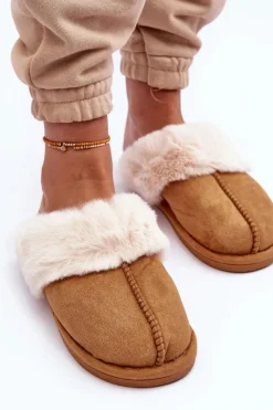 Boto Kapcie Klasyczne|Klapki Z Futerkiem*Damskie Papcie Klapki z Futerkiem Camel Pinky Brązowy