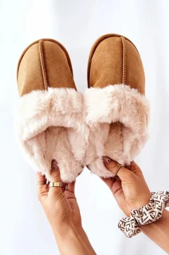 Boto Kapcie Klasyczne|Klapki Z Futerkiem*Damskie Papcie Klapki z Futerkiem Camel Pinky Brązowy