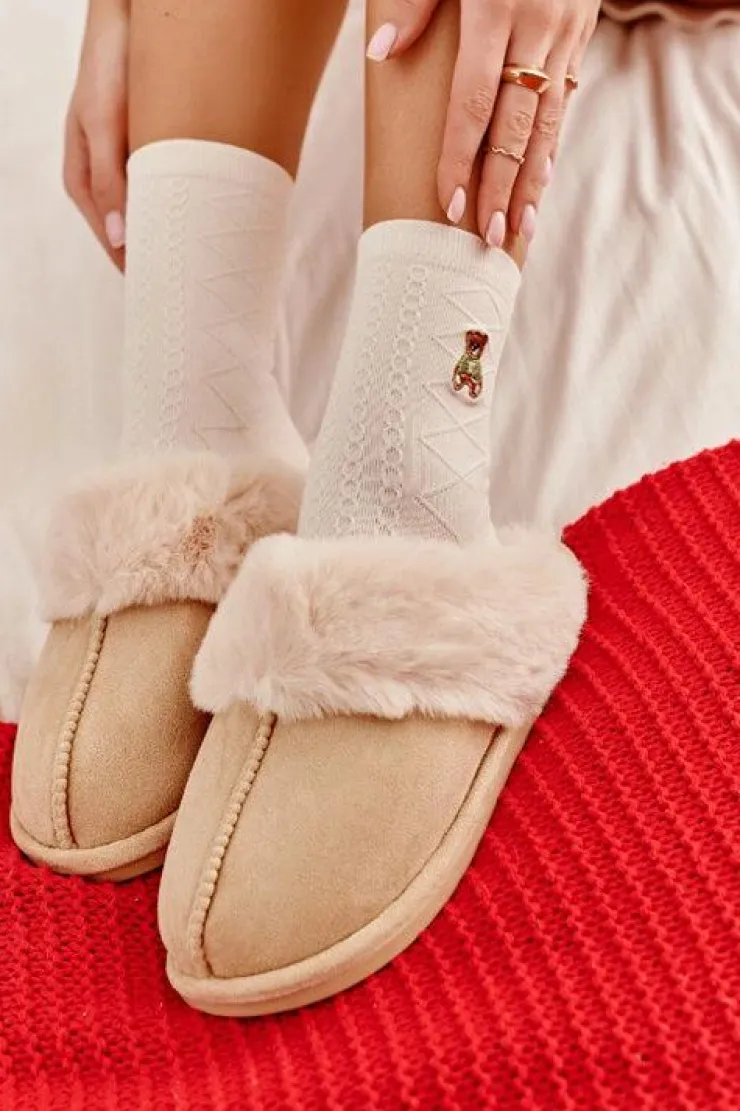 Damskie Boto Damskie Papcie Klapki z Futerkiem Jasnobeżowe Pinky