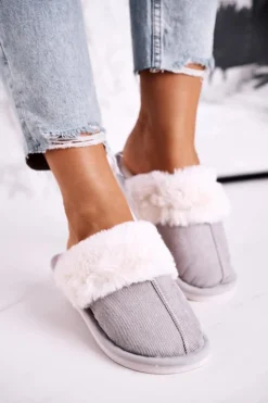 Outlet Boto Damskie Papcie Klapki z Futerkiem Szare Homely