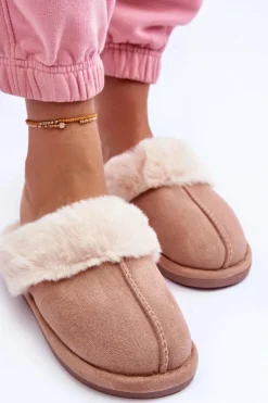 Clearance Boto Damskie Papcie Klapki z Futerkiem Beżowe Pinky Beżowy