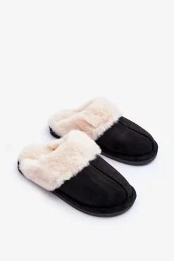 Sale Boto Damskie Papcie Klapki z Futerkiem Czarne Pinky Czarny