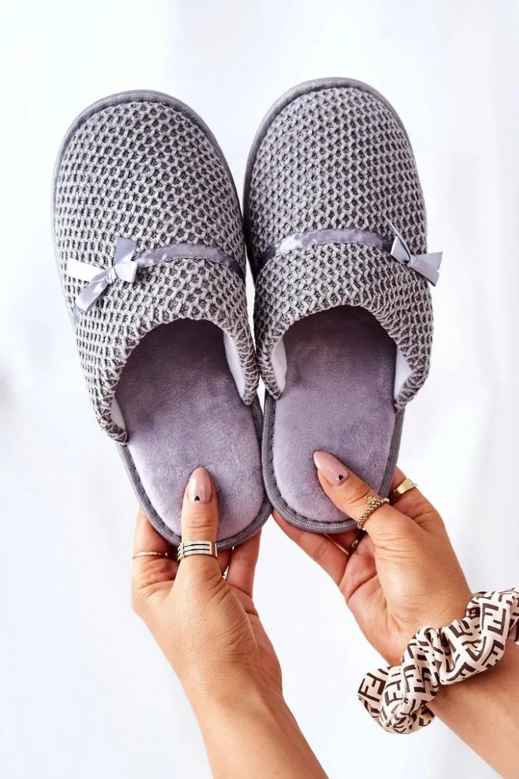 Evento Kapcie Klasyczne*Damskie Papcie Z Kokardką Szare Evira Szary