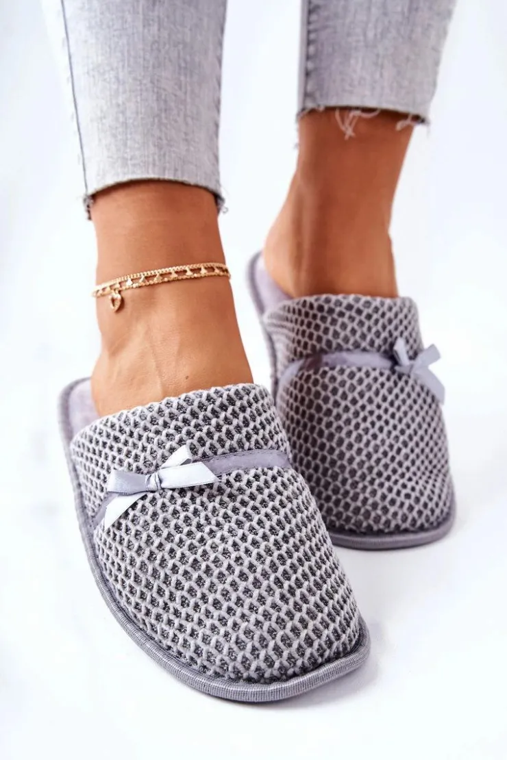 Evento Kapcie Klasyczne*Damskie Papcie Z Kokardką Szare Evira Szary