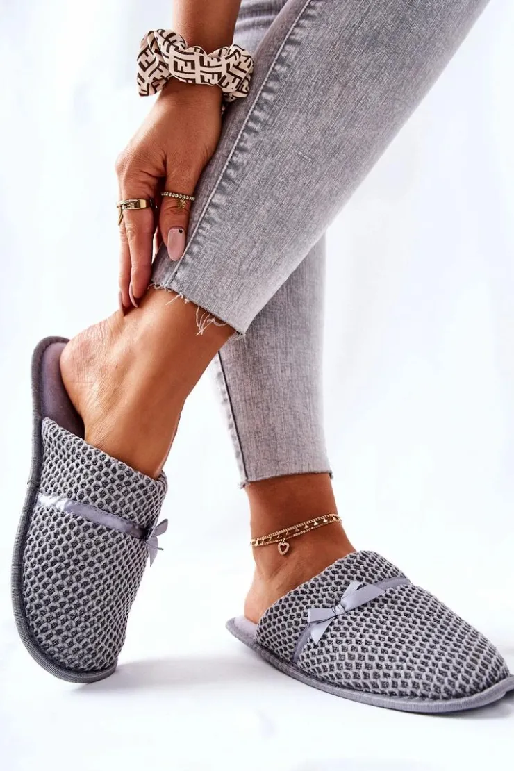 Evento Kapcie Klasyczne*Damskie Papcie Z Kokardką Szare Evira Szary