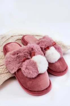 Damskie Boto Damskie Papcie Z Pomponami I Futerkiem Różowe Sahira