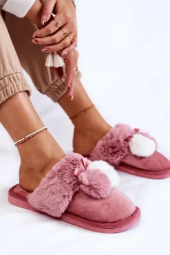 Damskie Boto Damskie Papcie Z Pomponami I Futerkiem Różowe Sahira