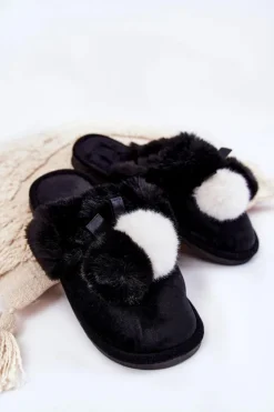 Boto Kapcie Klasyczne*Damskie Papcie Z Pomponami I Futerkiem Czarne Sahira