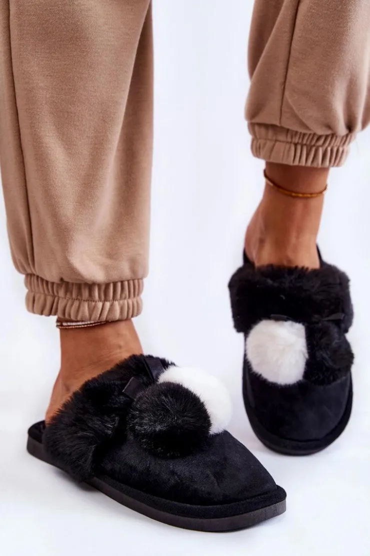 Boto Kapcie Klasyczne*Damskie Papcie Z Pomponami I Futerkiem Czarne Sahira