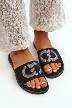 Damskie buty S.Barski Klapki Damskie Klasyczne*Damskie Płaskie Klapki Z Cekinami S.Barski KV27-052 Czarne Czarny