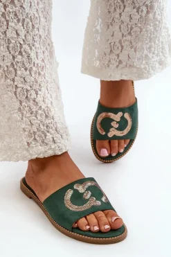 Damskie buty S.Barski Klapki Damskie Klasyczne*Damskie Płaskie Klapki Z Cekinami S.Barski KV27-052 Zielone Zielony