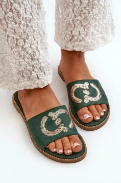 Damskie buty S.Barski Klapki Damskie Klasyczne*Damskie Płaskie Klapki Z Cekinami S.Barski KV27-052 Zielone Zielony