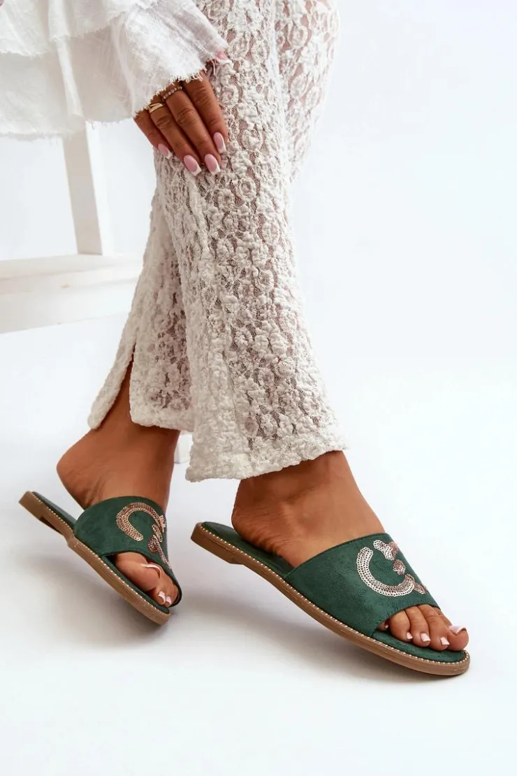 Damskie buty S.Barski Klapki Damskie Klasyczne*Damskie Płaskie Klapki Z Cekinami S.Barski KV27-052 Zielone Zielony