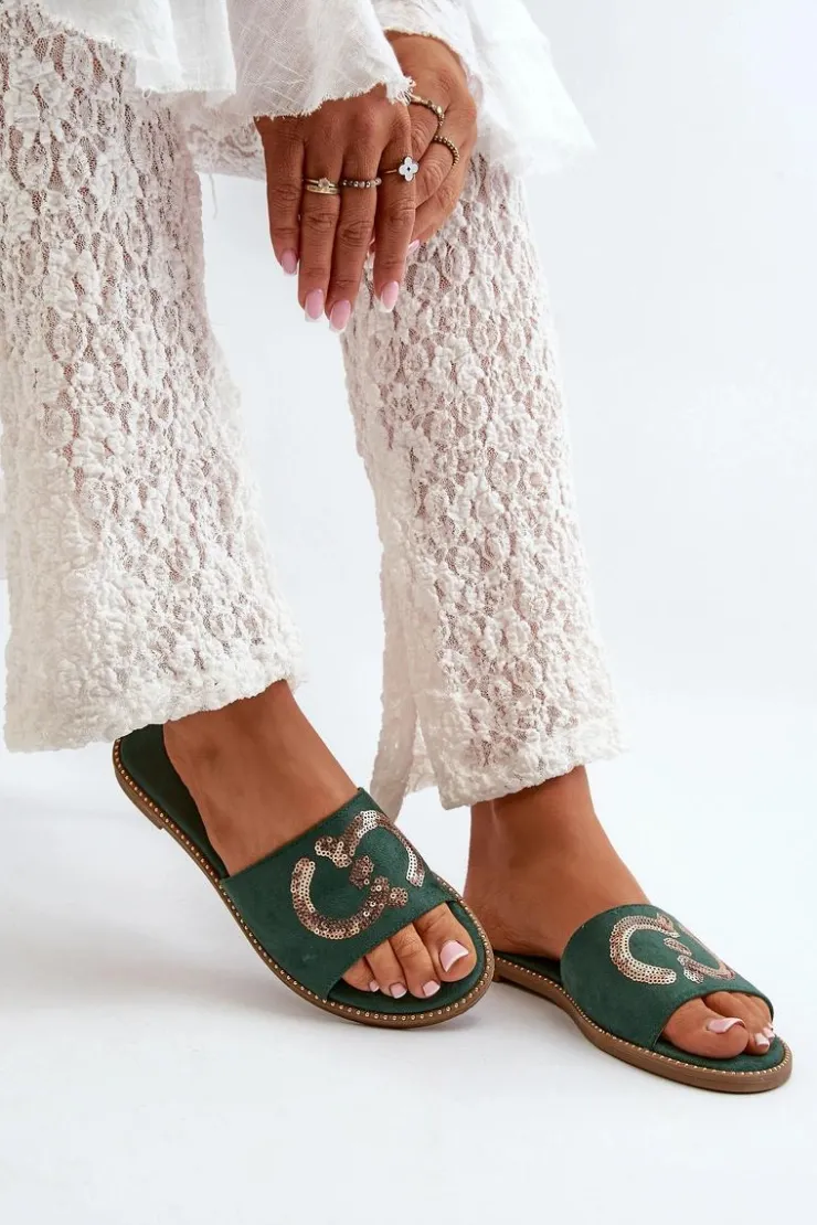 Damskie buty S.Barski Klapki Damskie Klasyczne*Damskie Płaskie Klapki Z Cekinami S.Barski KV27-052 Zielone Zielony