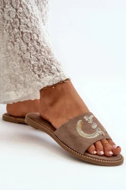 Damskie Damskie buty S.Barski Damskie Płaskie Klapki Z Cekinami S.Barski KV27-052 Brązowe