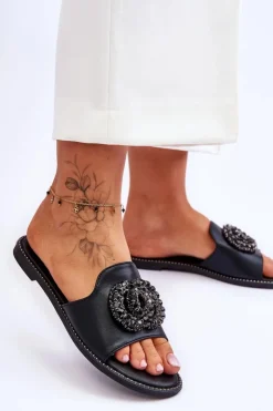 Outlet Damskie buty S.Barski Damskie Płaskie Klapki Z Ozdobami S.Barski KV-520-3 Czarne Czarny