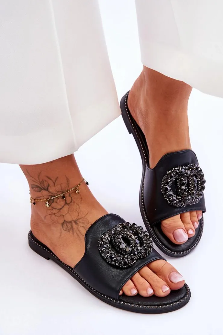 Outlet Damskie buty S.Barski Damskie Płaskie Klapki Z Ozdobami S.Barski KV-520-3 Czarne Czarny