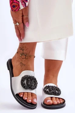 Damskie buty S.Barski Klapki Damskie Klasyczne*Damskie Płaskie Klapki Z Ozdobami S.Barski KV-520-3 Srebrne Srebrny