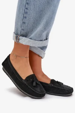 Clearance Damskie buty S.Barski Damskie Płaskie Klasyczne Zamszowe Mokasyny S.Barski LR51-548 Czarne Czarny