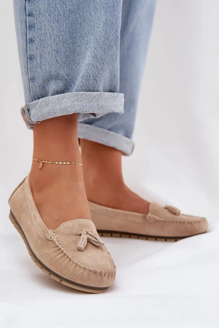 Damskie buty S.Barski Loafersy Damskie|Mokasyny Damskie Zamszowe*Damskie Płaskie Klasyczne Zamszowe Mokasyny S.Barski LR51-548 Beżowe