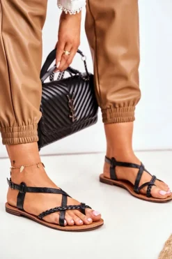 Discount Boto Damskie Płaskie Sandałki Rzemyk Czarny Laurence