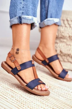 Evento Sandały Płaskie*Damskie Płaskie Sandały Granatowe Renna