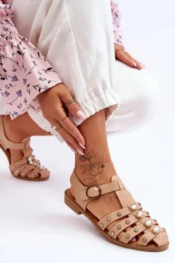 Damskie Boto Damskie Płaskie Sandały Z Cyrkoniami Beżowe Ascot