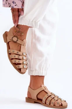 Damskie Boto Damskie Płaskie Sandały Z Cyrkoniami Beżowe Ascot