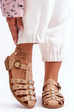 Damskie Boto Damskie Płaskie Sandały Z Cyrkoniami Beżowe Ascot