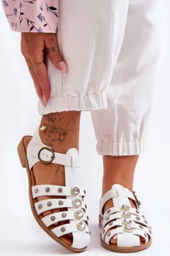 New Boto Damskie Płaskie Sandały Z Cyrkoniami Białe Ascot