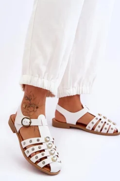 New Boto Damskie Płaskie Sandały Z Cyrkoniami Białe Ascot