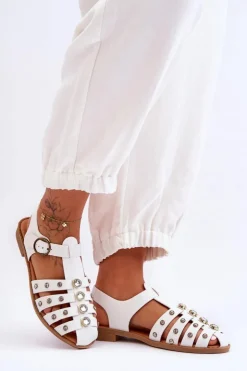 New Boto Damskie Płaskie Sandały Z Cyrkoniami Białe Ascot