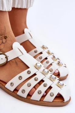 New Boto Damskie Płaskie Sandały Z Cyrkoniami Białe Ascot