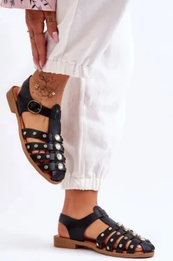 Damskie Boto Damskie Płaskie Sandały Z Cyrkoniami Czarne Ascot