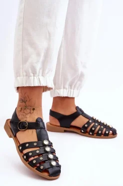 Damskie Boto Damskie Płaskie Sandały Z Cyrkoniami Czarne Ascot