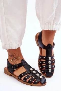 Damskie Boto Damskie Płaskie Sandały Z Cyrkoniami Czarne Ascot