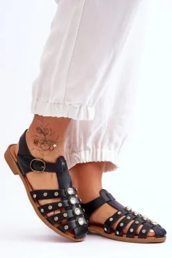 Damskie Boto Damskie Płaskie Sandały Z Cyrkoniami Czarne Ascot