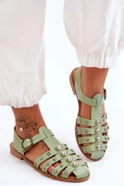 Boto Sandały Płaskie*Damskie Płaskie Sandały Z Cyrkoniami Zielone Ascot