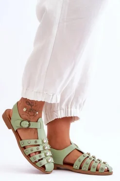 Boto Sandały Płaskie*Damskie Płaskie Sandały Z Cyrkoniami Zielone Ascot