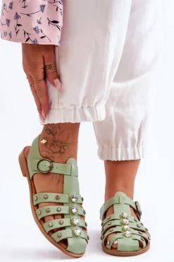 Boto Sandały Płaskie*Damskie Płaskie Sandały Z Cyrkoniami Zielone Ascot