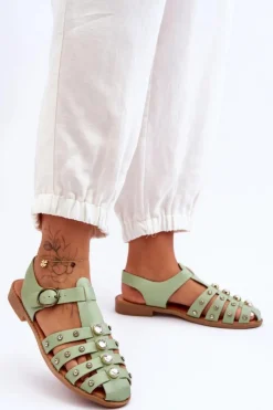 Boto Sandały Płaskie*Damskie Płaskie Sandały Z Cyrkoniami Zielone Ascot