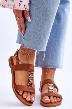 Online Boto Damskie Płaskie Sandały Z Ozdobnym Paskiem Brązowe Berry