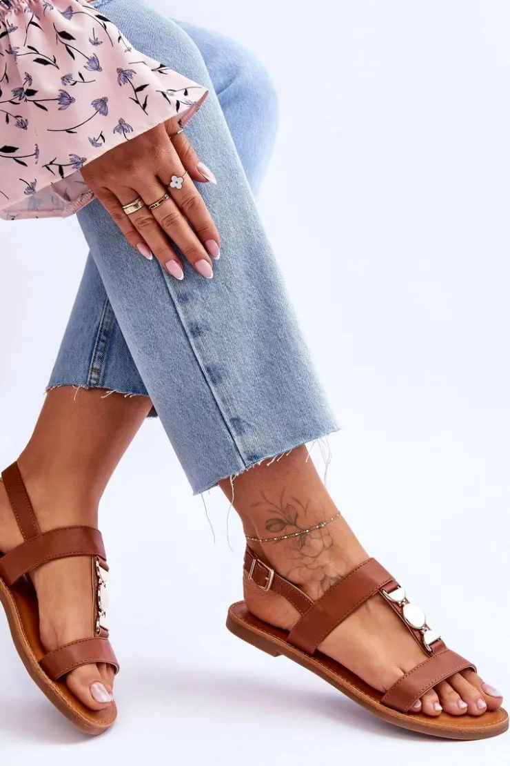 Online Boto Damskie Płaskie Sandały Z Ozdobnym Paskiem Brązowe Berry